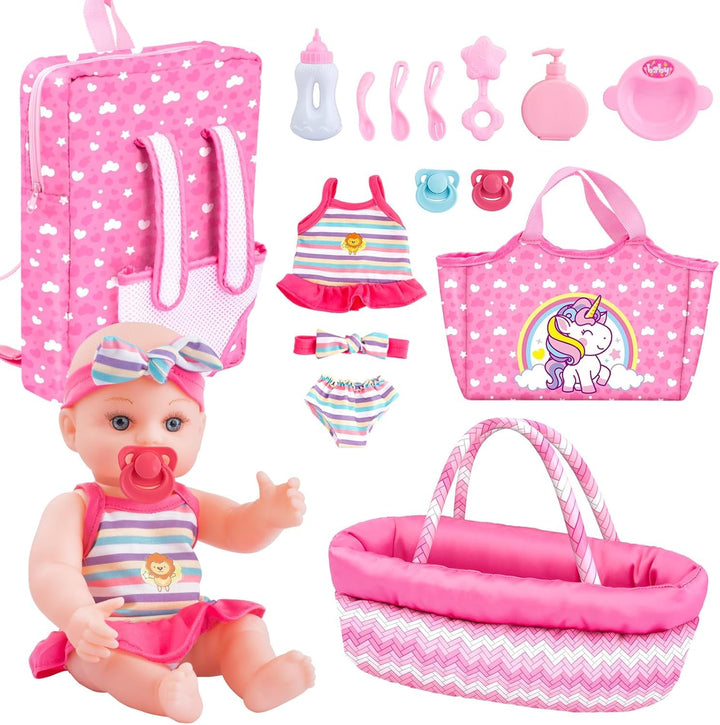 deAO 12”Baby Puppe, Spielpuppe mit Backbag, Handheld-Halterung, Tragbarer Schulranzen, Puppenkleidun