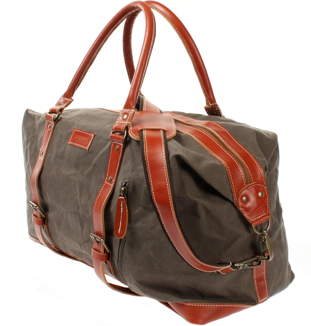 LECONI Weekender gross Canvas + Echt-Leder Retro Reisetasche Unisex Damen + Herren Sporttasche Reise