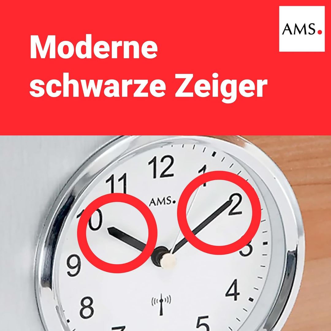 AMS 5146 Funk Tischuhr, Holzgehäuse mit Kernbuche und Aluminium-Applikation, analog mit arabischen Z