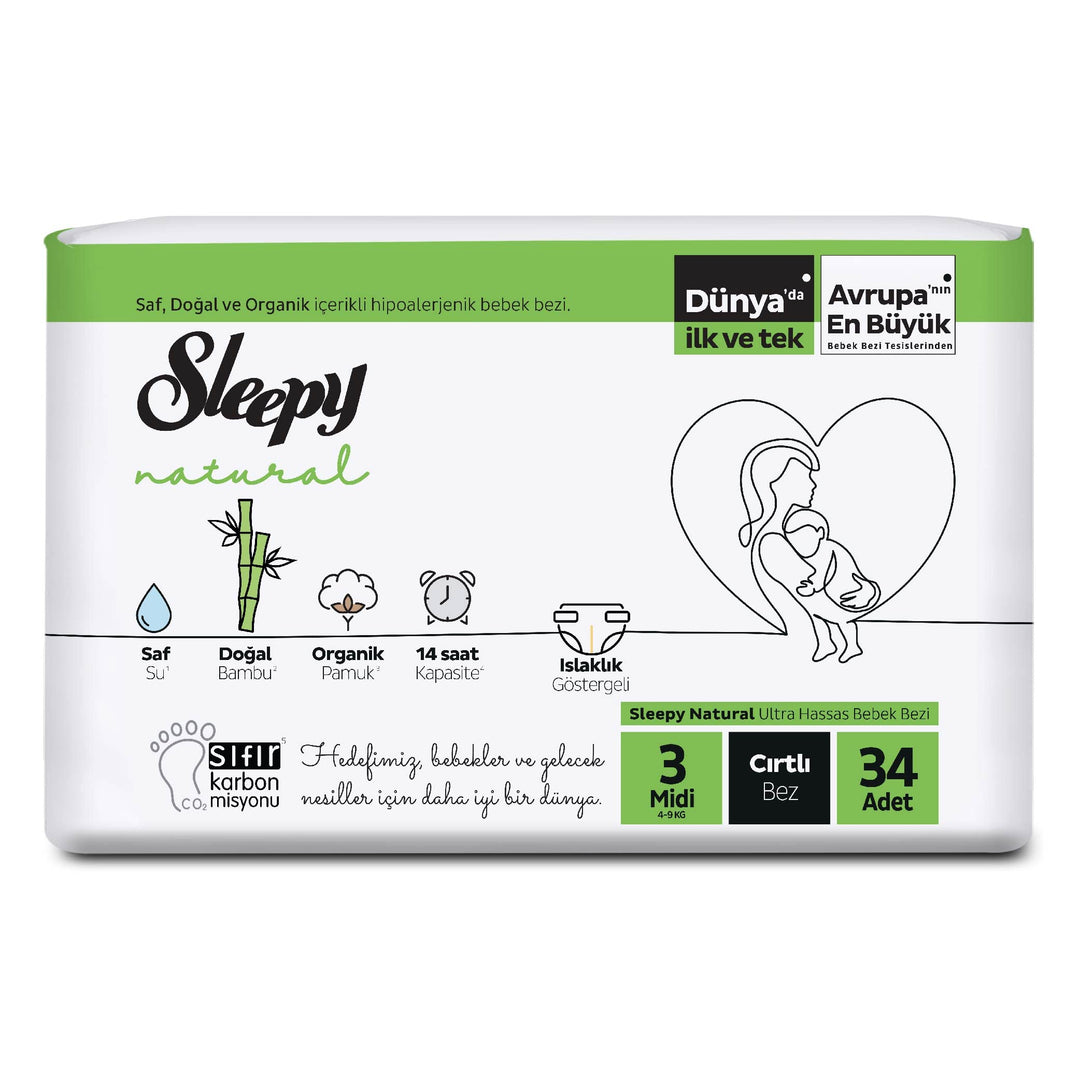 Sleepy Natural Baby Windeln Grösse 3 (4-9 Kg) - MONATSBOX, Für Empfindliche Babys, 170 Stück (5 Pack