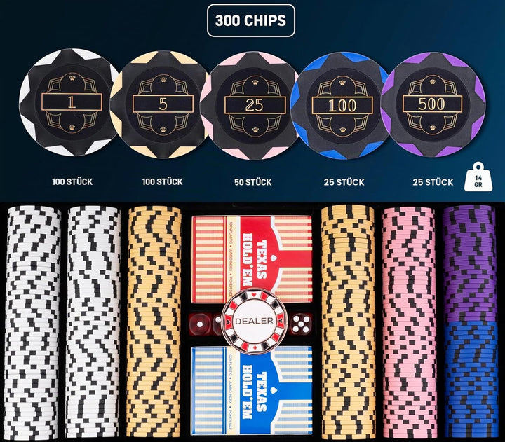 Engelhart - 320951 – Poker-Set – Koffer aus schwarzem Metall – 300 Chips 14 g nummeriert (1 bis 500)