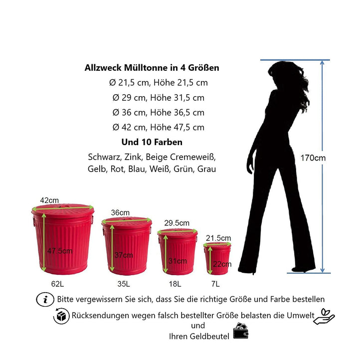 Jinfa Retrodesign Mülleimer mit Deckel | Rot | Ø 36 cm, Höhe 36,5 cm, 35 Liter 1 Stück - 35 Liter -