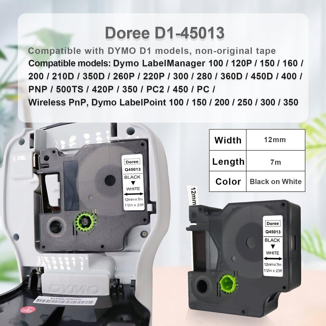 DOREE 6er Pack Etikettenband 45013 S0720530 12mm x 7m Schwarz auf Weiss Kompatibel mit Dymo D1 12mm