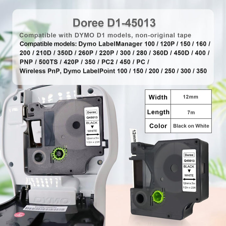 DOREE 6er Pack Etikettenband 45013 S0720530 12mm x 7m Schwarz auf Weiss Kompatibel mit Dymo D1 12mm