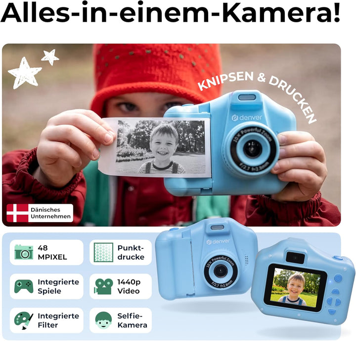 Denver KPC-1370BU Sofortbildkamera Kinder mit 2,8" Display | Sofortdruck Kamera für Kinder | Kinderk