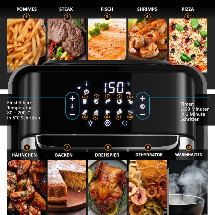 Arendo - Heissluftfritteuse XXL mit LED Touchscreen 12 Liter - Grill - Dörrautomat - Backofen - Air
