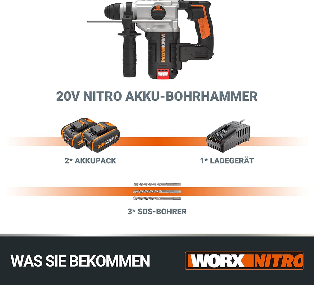 WORX NITRO WX380 Akku-Bohrhammer 20V - zum Bohren, Hammerbohren & Meisseln - bürstenloser Motor - st