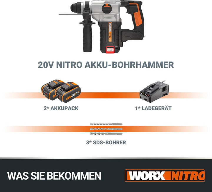 WORX NITRO WX380 Akku-Bohrhammer 20V - zum Bohren, Hammerbohren & Meisseln - bürstenloser Motor - st