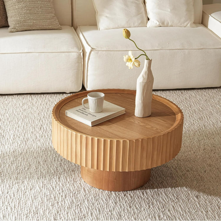Couchtisch Rund Holz, Coffee Table mit Geriffeltem Design, Wohnzimmertisch Rund in Pilzform mit Den