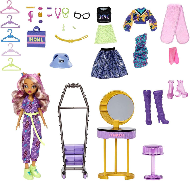 Monster High HKY70 - Spielset mit Puppe und Mode, Clawdeen Wolf Puppe und Zubehör, Boutique-Ankleide