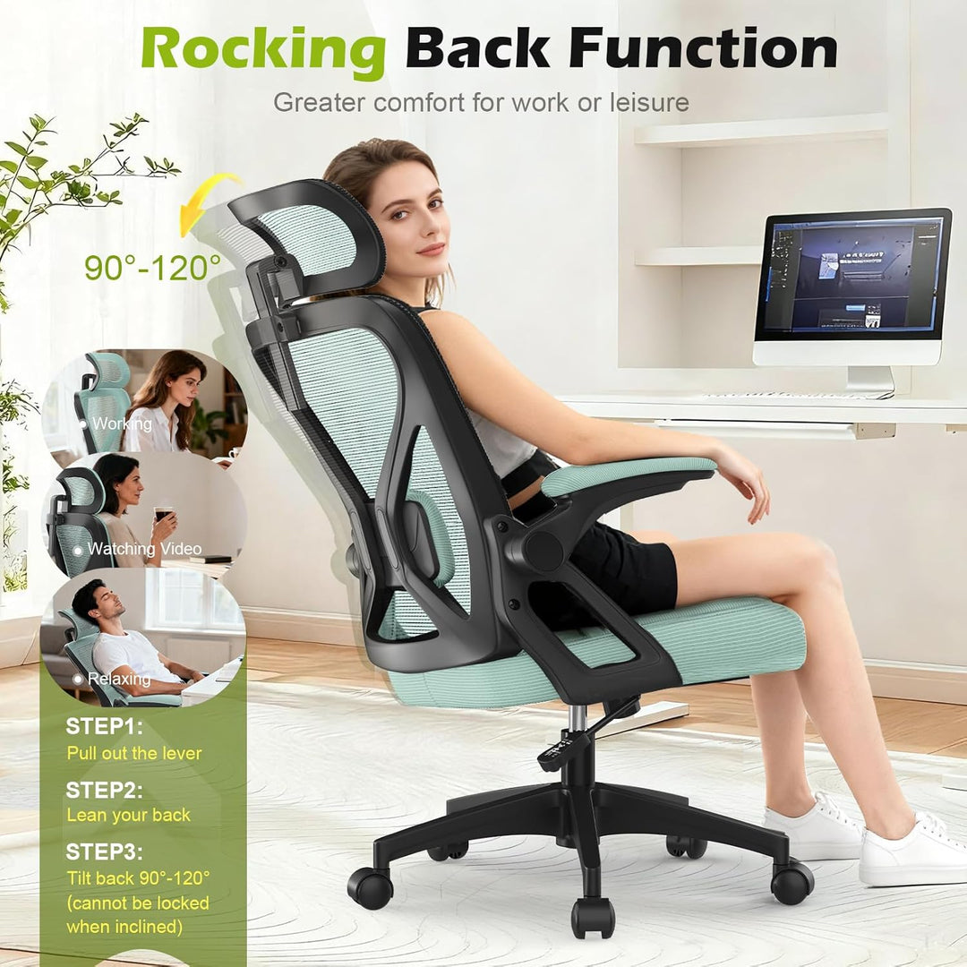 Bürostuhl, ergonomischer Schreibtischstuhl mit gepolsterter Lendenwirbelstütze und hochklappbaren Ar