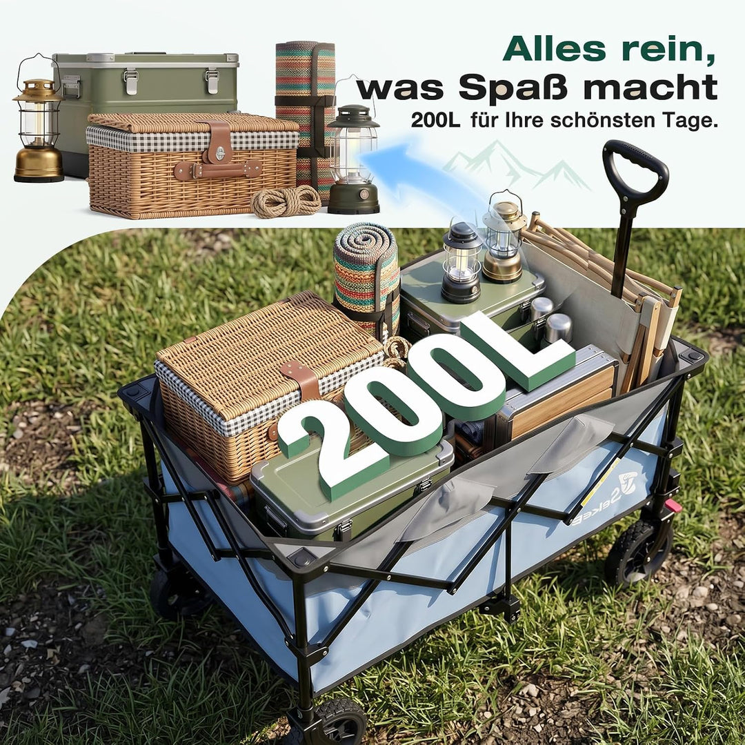 Sekey XXL Plus Bollerwagen Faltbar 200L 200KG Tragkraft, Faltbarer Bollerwagen Geländetauglich mit B
