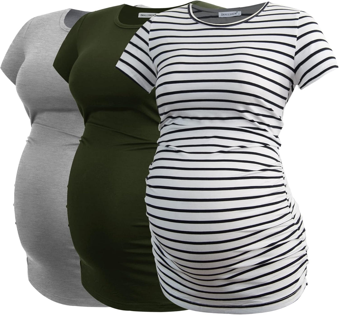 Smallshow Damen Umstandsmode Tops Seitlich Geraffte Schwangerschafts Umstandstop 3er Pack, M Armeegr