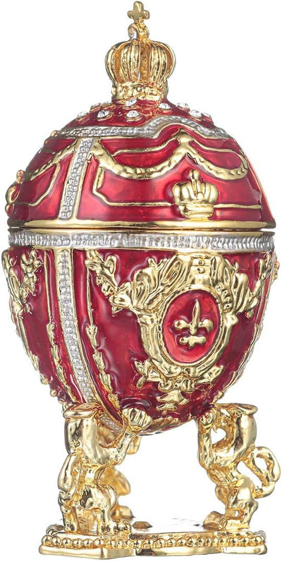 Fabergé-Stil Ei/Schmuckkästchen mit Löwen & Kaiserkrone 7,5 cm rot