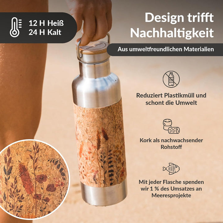 Edelstahl Trinkflasche 750ml + Flaschenbürste - Nachhaltige, isolierte Thermo Wasserflasche Edelstah