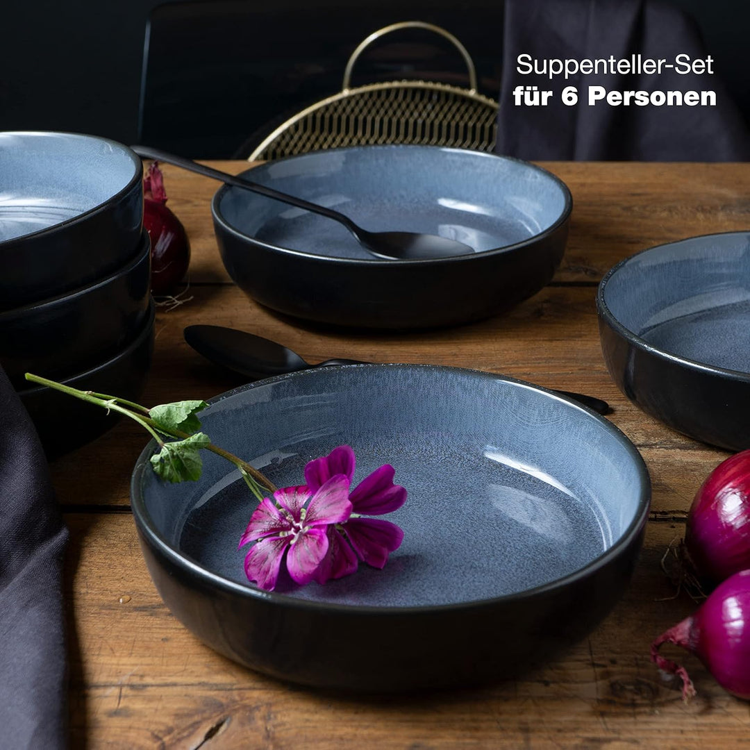 Moritz & Moritz VIDA 6er Suppen Teller Set Blau - Suppenteller für 6 Personen - Porzellan spülmaschi