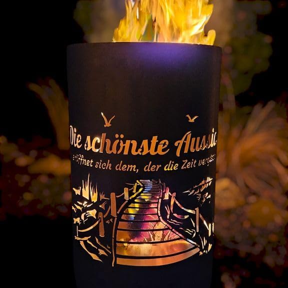 TiKo-Design Feuertonne Strand & Steg Motiv mit Spruch – „Die schönste Aussicht eröffnet Sich dem, de