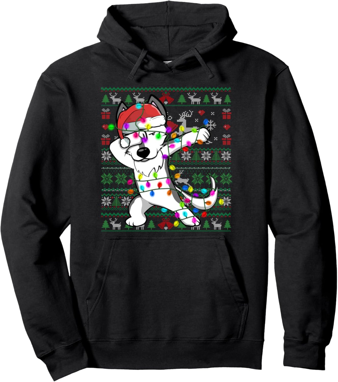 Dabbing Husky Christmas Lights Ugly Christmas Sweater Gifts Pullover Hoodie