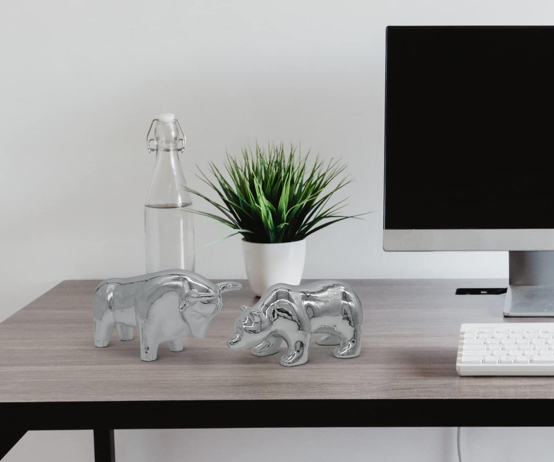 FeinKnick Keramik-Skulptur Bulle und Bär als Symbol für Wirtschaft &amp; Börse - Moderne Dekofigur in Si