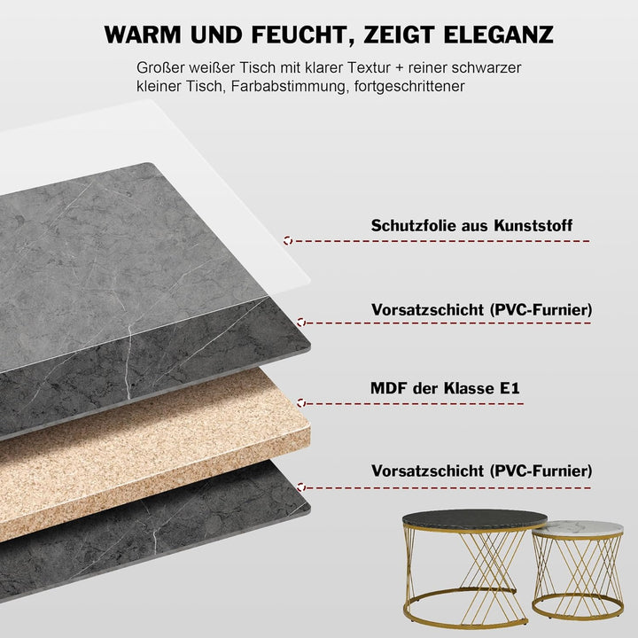 Moderne Rund Couchtisch 2er Set, Beistelltisch-Set, Couchtisch Satz Marmor Furnier Sofa Seite Nest v