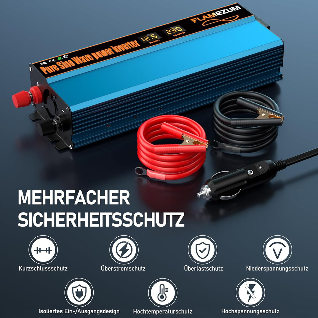 1000w Spannungswandler 12v Auf 230v Reiner Sinus Wechselrichter mit 1 EU-Steckdose und 2 USB Autolad