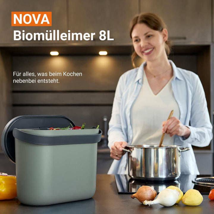 GARANTIA NOVA Biomülleimer Küche 8L Agave/Graphite Grey - Geruchsdichter Komposteimer für Küchenabfä