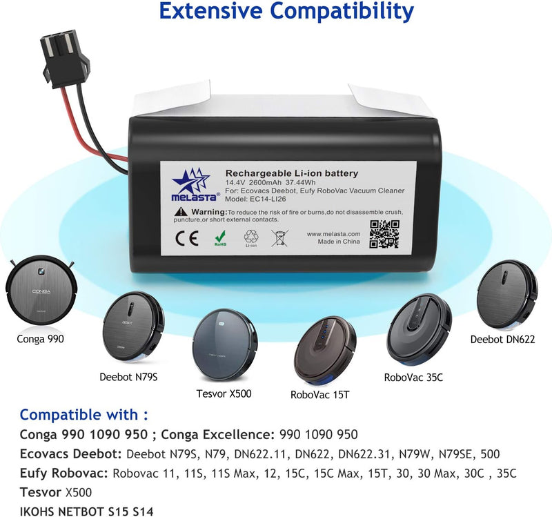 melasta 14,4 V 2600 mAh Li-Ionen Ersatz Akku für Tesvor X500, Eufy RoboVac 11, 11S, 11S MAX, 30, 30C