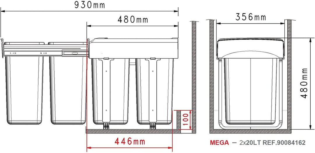 Einbau-Abfallsammler Mega 40 2 x 20 Liter Kunststoff Grau Ausziehbar 2 x 20 Liter, Ausziehbar 2 x 20