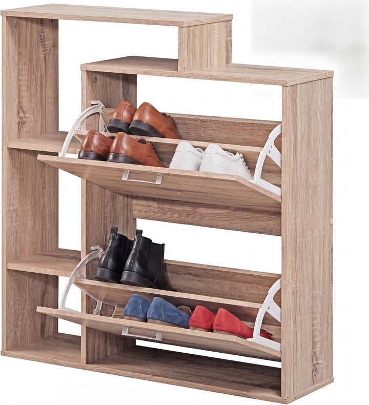 FineBuy Moderner Schuhkipper MASSA Holz 2 Fächer Sonoma Eiche 12 Paar Schuhe, Schuhschrank 85 x 24 x