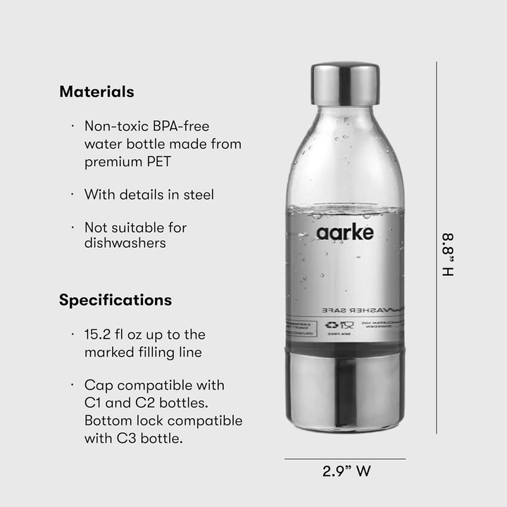 aarke PET-Flaschen für Wassersprudler Carbonator 3, BPA-frei mit Details in Edelstahl, 450ml 450 ml