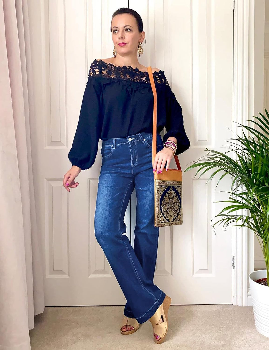 Schlaghose Damen High Waist Wide Leg Baggy Jeans Stretch Hosen XL Dunkelblau, XL Dunkelblau