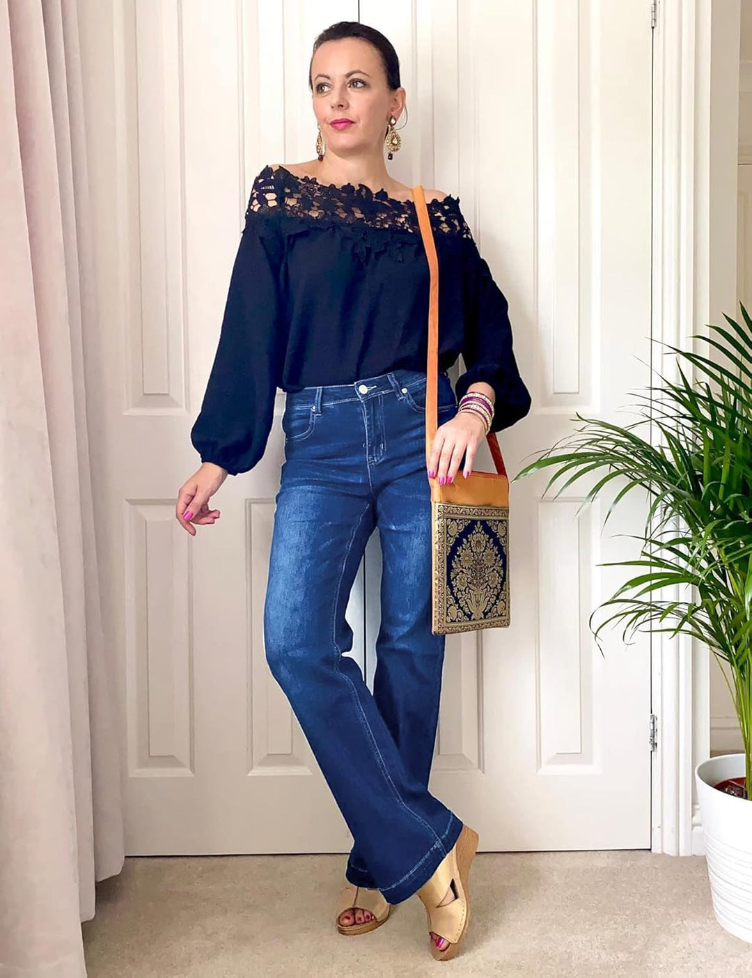 Roskiky Schlaghose Damen Jeans Wide Leg Baggy Jeans Damen High Waist Stretch Hosen Damen Jeans L Dun