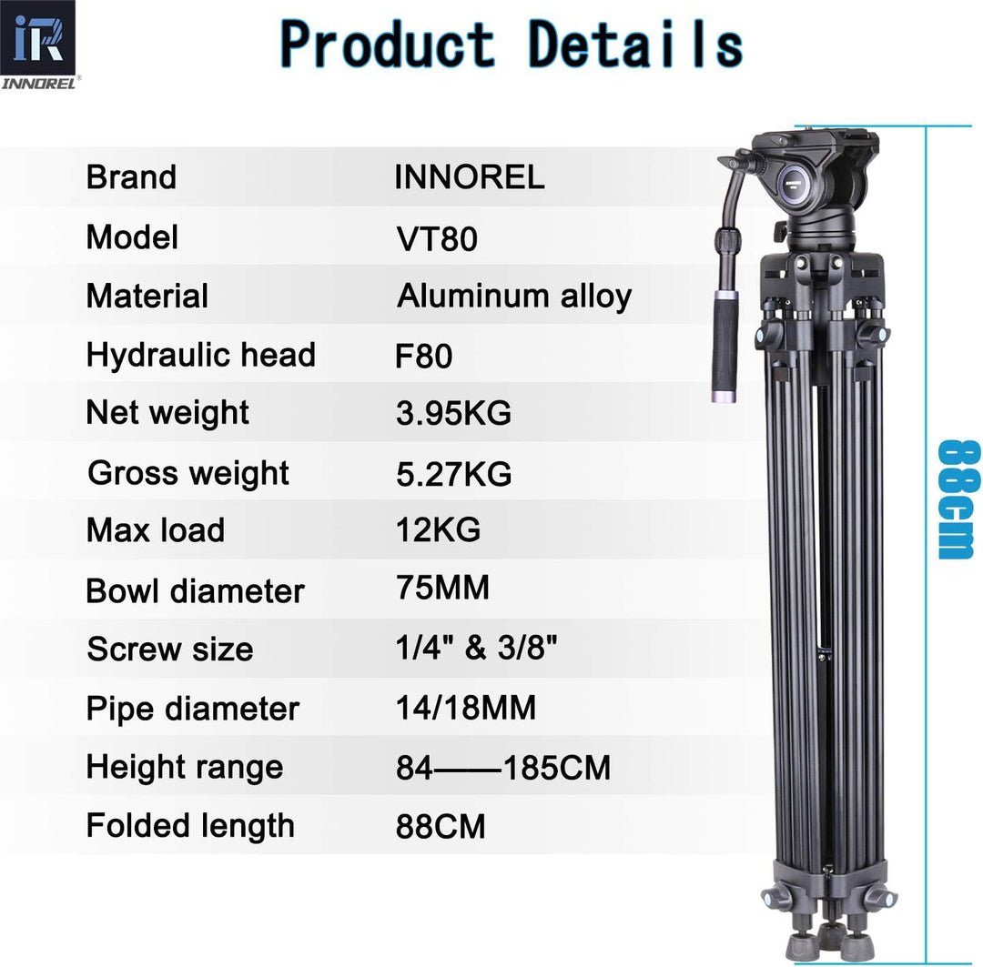 INNOREL VT80 Professionelles Video Stativ System, 185cm/63 Zoll Hochleistungs Aluminium Doppelrohrst