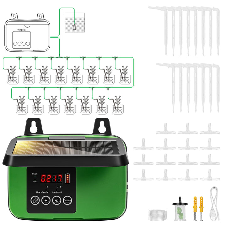 VIVOSUN Solar Automatische Tropfbewässerung Set mit Zeituhr, 3W Ausgang, Solarbetriebenes Bewässerun