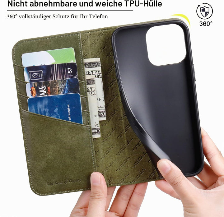 VISOUL Hülle für iPhone 14 Pro Max Handyhülle [Echtleder] [Schützt] [Kartenfach] [Magnet] [Standfunk