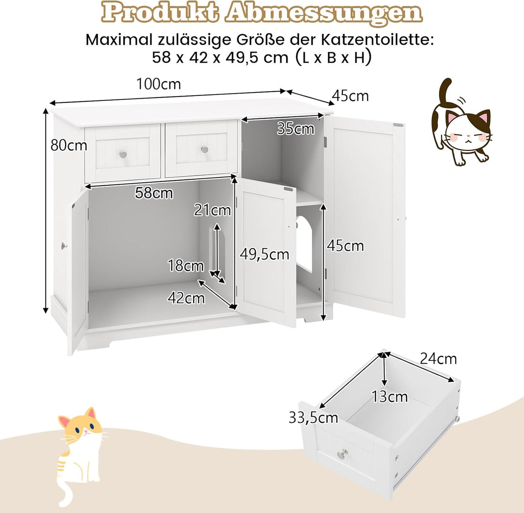 COSTWAY Katzenschrank für Katzentoilette, Katzenklo Schrank mit 2 Schubladen, 3 Türen & Eingang, Kat