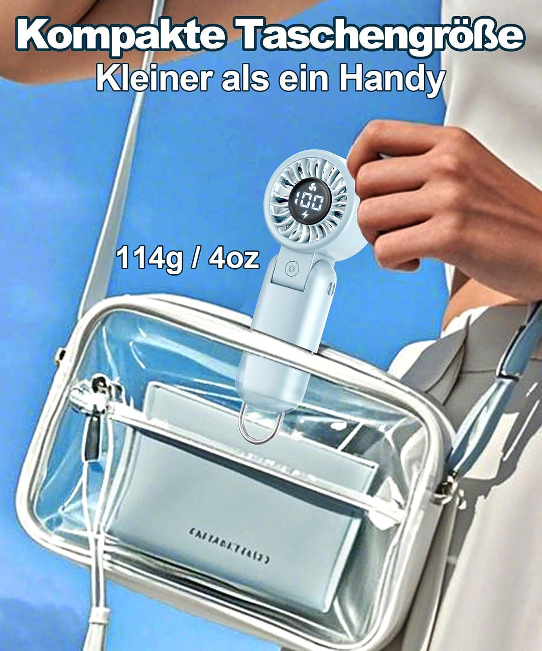 Handventilator mit LED-Anzeige, Mini Ventilator Tragbar Akku Wiederaufladbar, Faltbar USB Tischventi