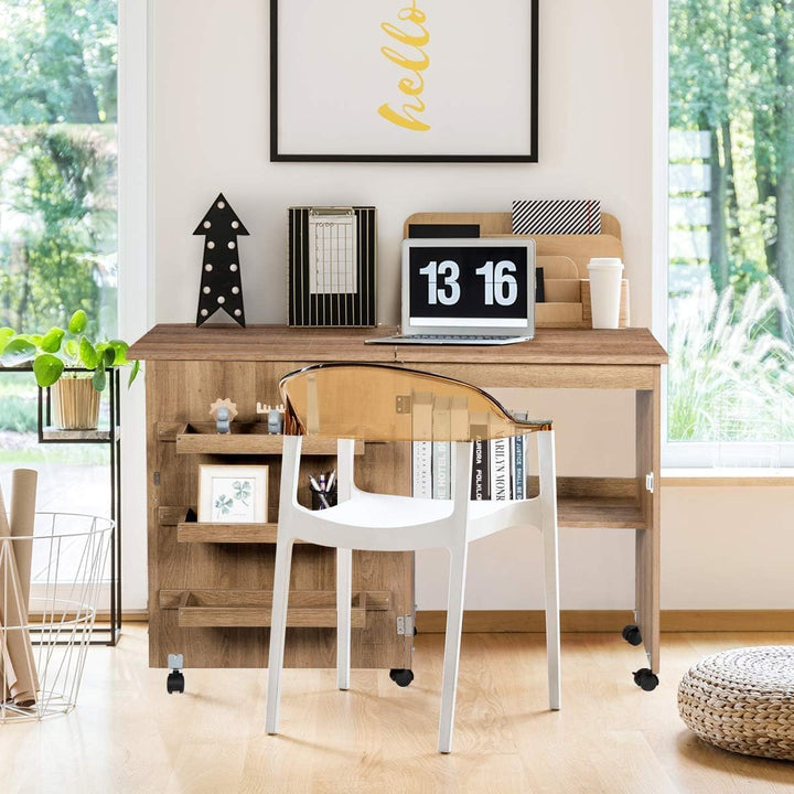 FANTASK Holz Nähschrank & Schreibtisch klappbar, Natur Nähtisch mit 3 Einlegeböden für Spulen, Nähti