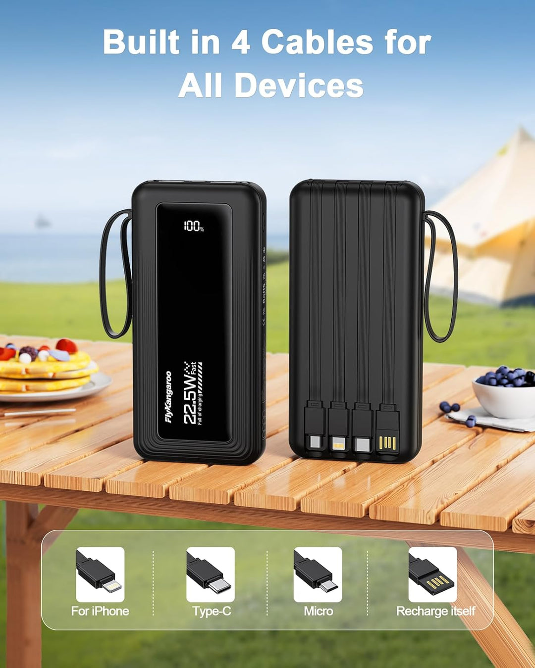 Powerbank mit integrierten Kabeln, 10000mAh, 22,5W Schnellladefunktion, USB-C LED-Anzeige, tragbares
