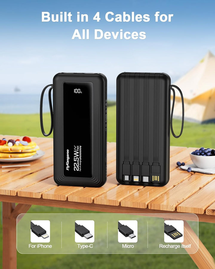 Powerbank mit integrierten Kabeln, 10000mAh, 22,5W Schnellladefunktion, USB-C LED-Anzeige, tragbares