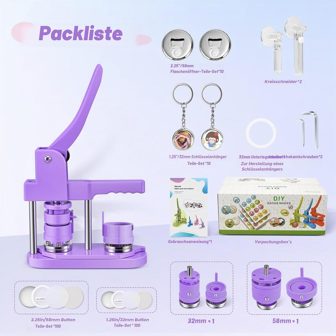 Buttonmaschine Button Maker Badge Maschine 32 + 58 mm, KEYSAFER 200 Sets aus Kunststoff, Ausdrückmas