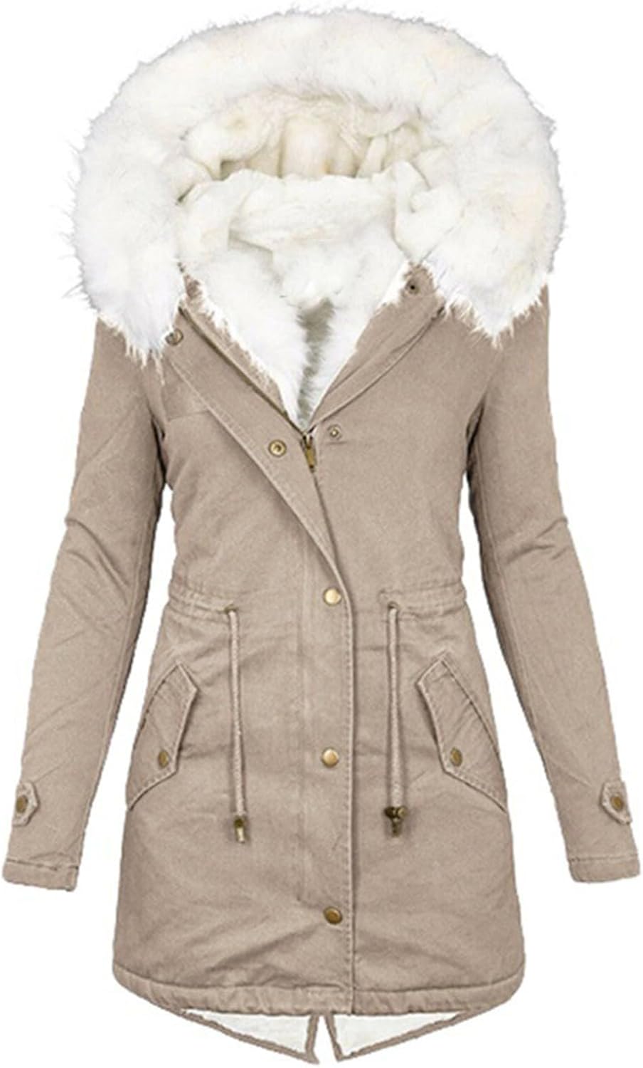 EMATOP Wintermantel Damen Warmer Lang Jacke Baumwolle Einfarbig Wanderjacke mit Kapuze Wintermantel