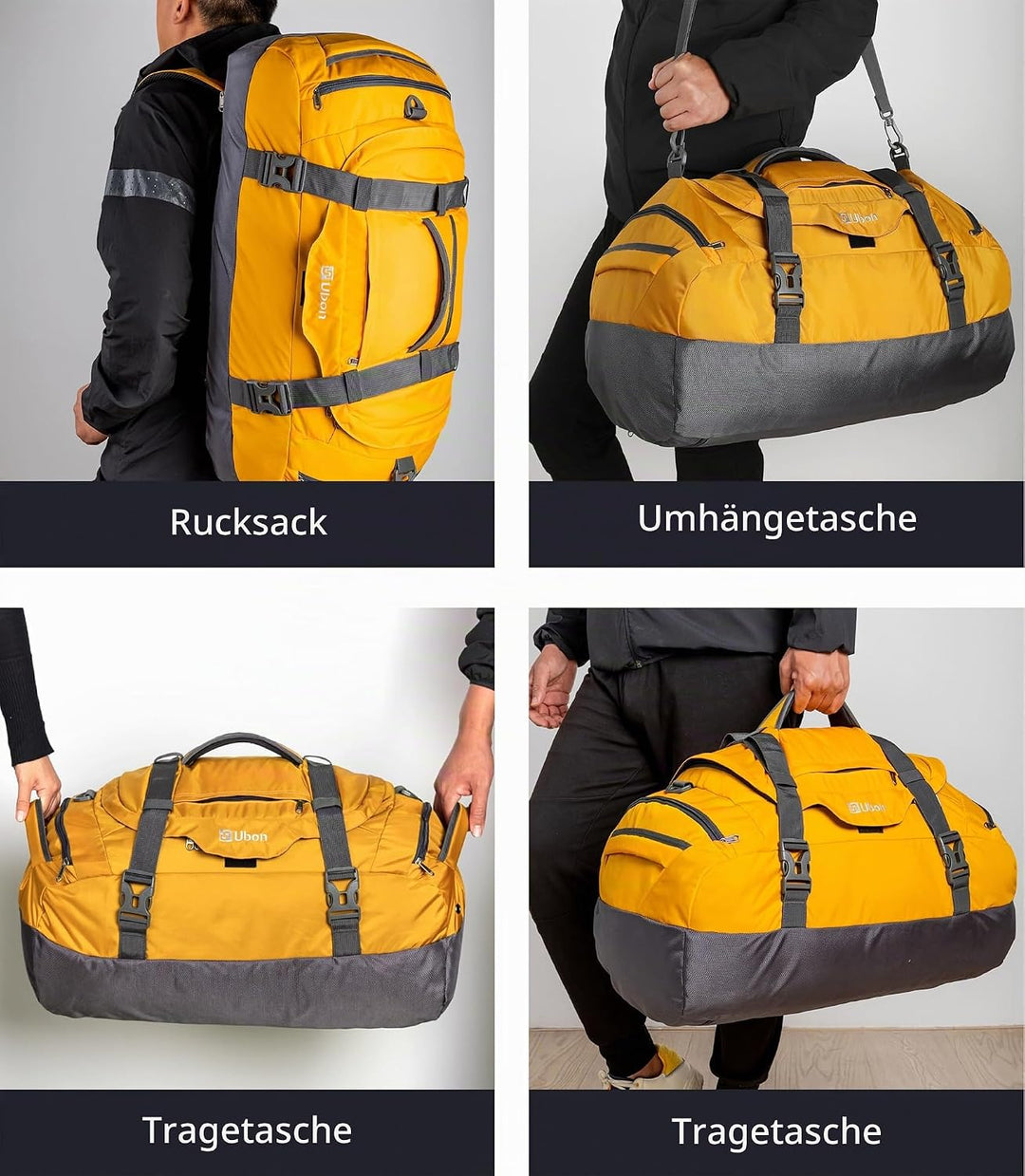 Ubon Faltbare Reisetasche Wasserdicht Grosse Sporttasche mit Fach Gelb 65L | Unisex-Rucksack,Wanderr