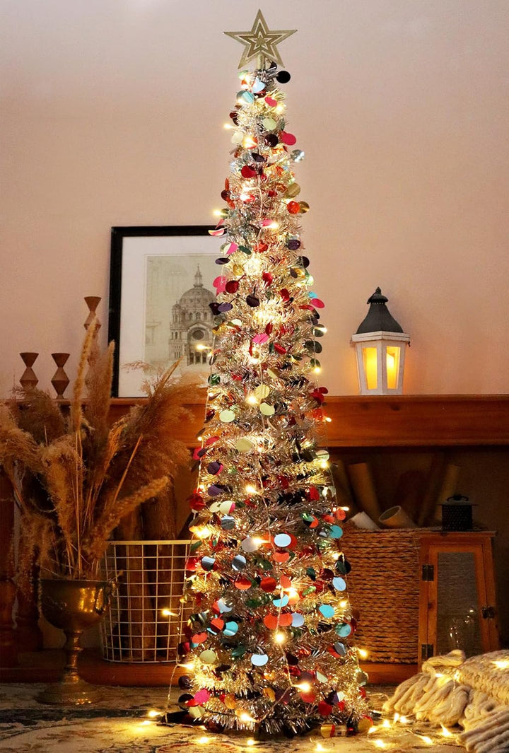 HMASYO 150 cm Pop-Up Lametta Weihnachtsbaum mit 50 Timer-Lichtern, Buntes Silber Zusammenklappbarer