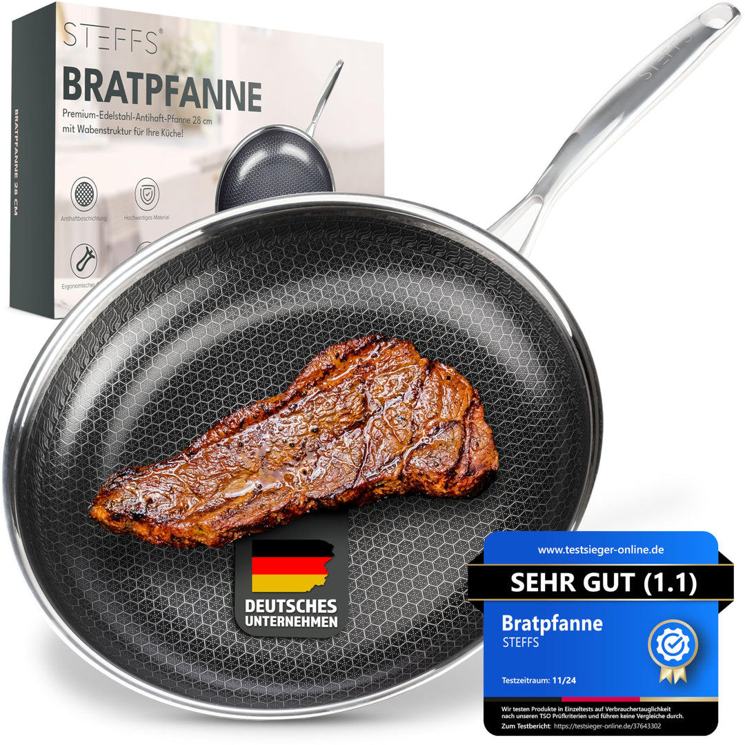 STEFFS® BRATPFANNE mit Waben 28 cm kratzfeste Antihaft Beschichtung - Pfanne alle Herdarten einfache