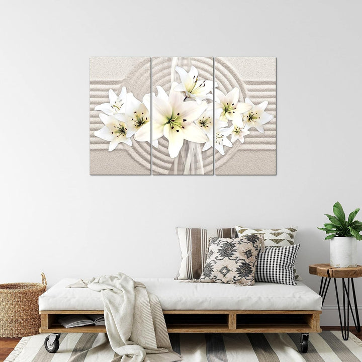 Runa Art Wandbilder Blumen Lilien Bild XXL Wohnzimmer Schlafzimmer Weiss Beige Sand 120 x 80 cm 3 Te