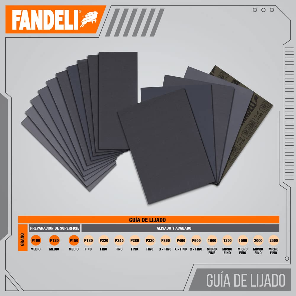 Fandeli | Wasserfestes Schleifpapier | Körnung von 120 bis 2500 | 36 Blatt 23 x 9,3 cm | Für Autopol