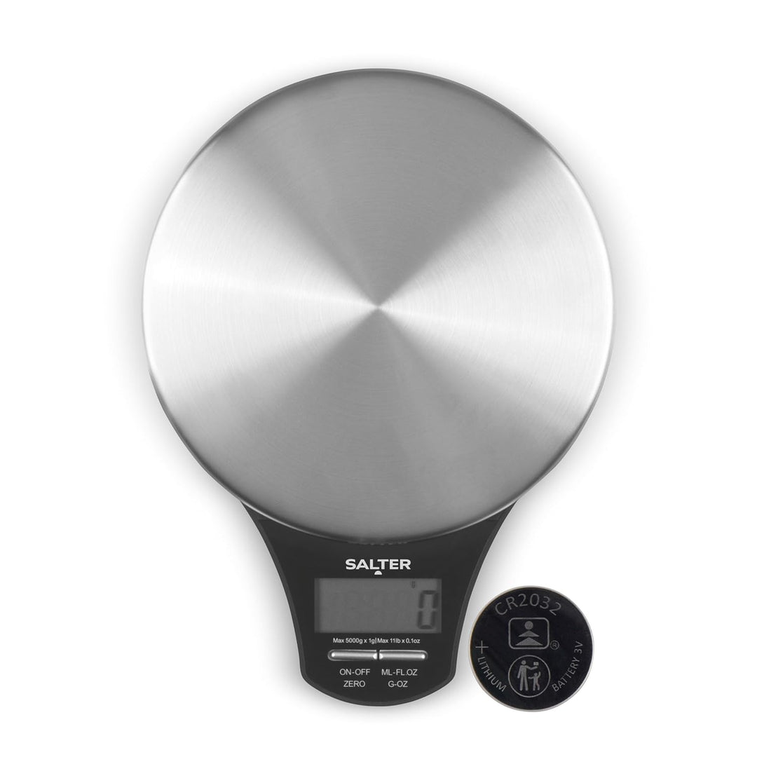 Salter 1035 SSBKDR digitale Küchenwaage - runde Edelstahlplattform, präzise Masse, max 5 kg, LCD-Dis