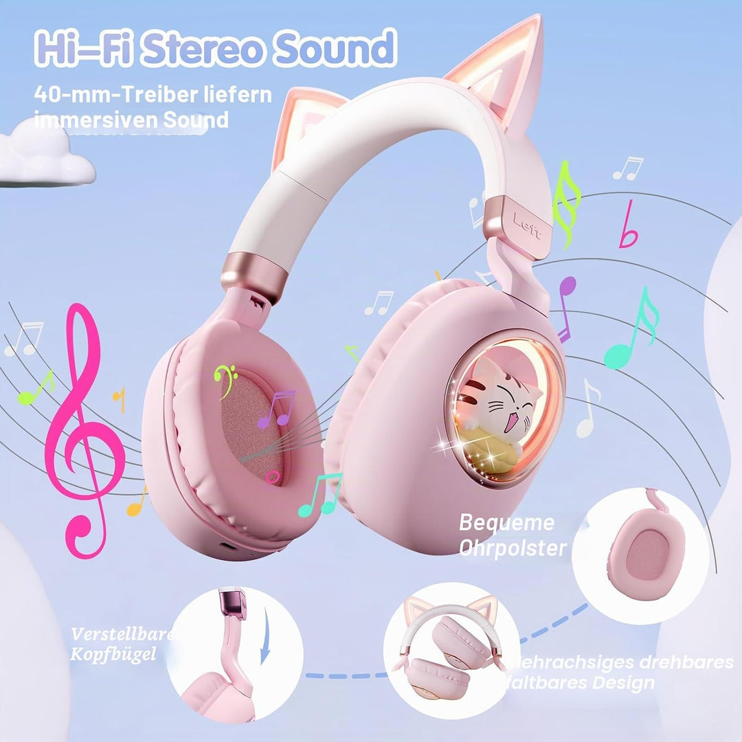 Kinder Kopfhörer mit Katzenohren, Bluetooth 5.4 Over-Ear Noise Cancelling Kopfhörer mit Mikrofon, LE