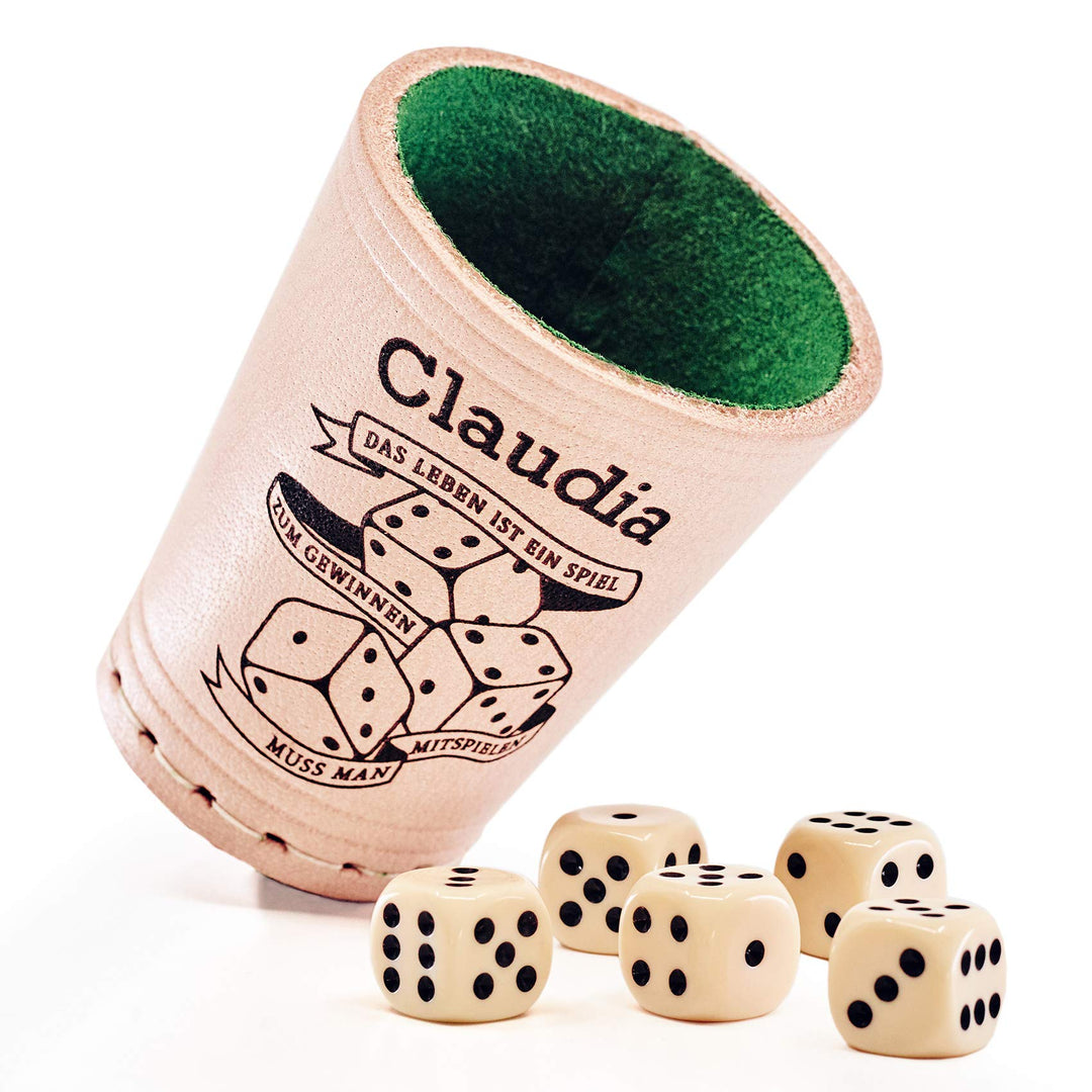 Diamandi Leder Würfelbecher mit Gravur - Personalisierung von Name + Motiv zur Auswahl inkl. 6 Würfe
